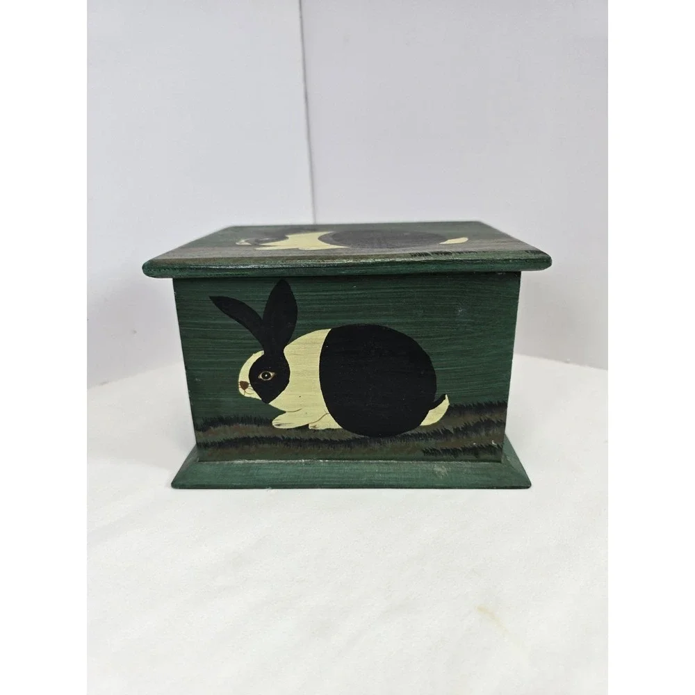 Vintage Hand Painted Wood Rabbit Box Folk Art Bunny Hinged Trinket Storage Decor